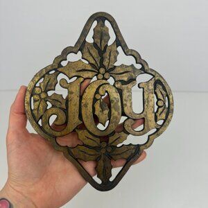 Vintage Avon Trivet Christmas Holiday Joy Holly Brass Copper Cast Iron Dining